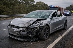 Tesla EV damaged beyond repair ready for scrap car recycling damaged tesla for scrap car removal in Australia